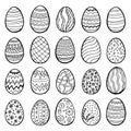 Happy Easter eggs collection, hand drawn set, vector. 20 different designs. Royalty Free Stock Photo